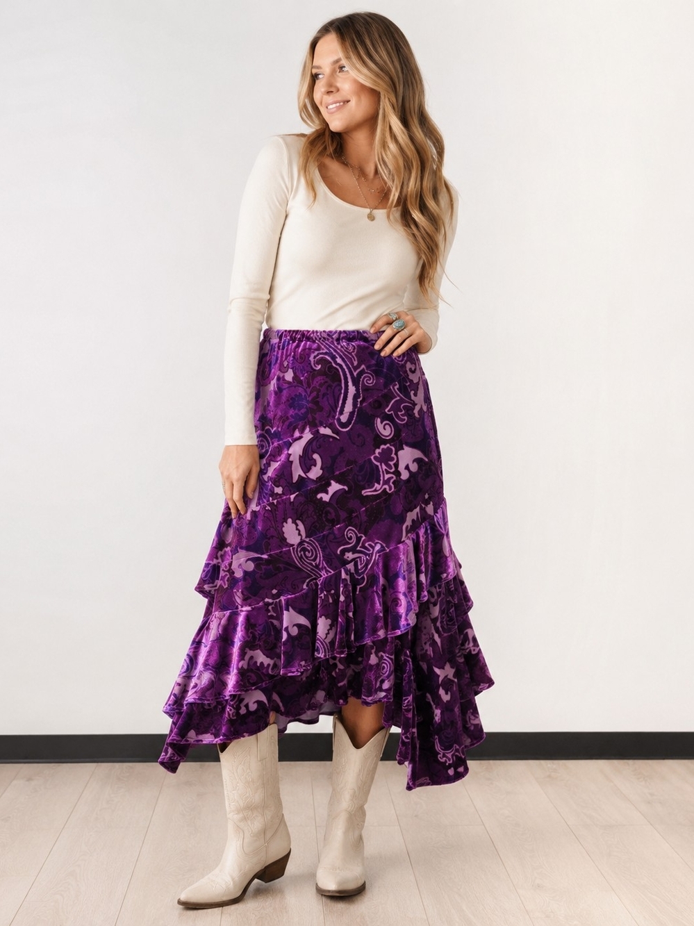 Double D Ranch Purple Velvet Paisley Silk Blend Ruffle Maxi Skirt M